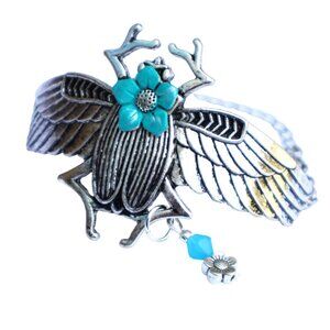 NEW Adjustable Silver Scarab Cuff Bracelet Painted Flower Bohemian Jewelry